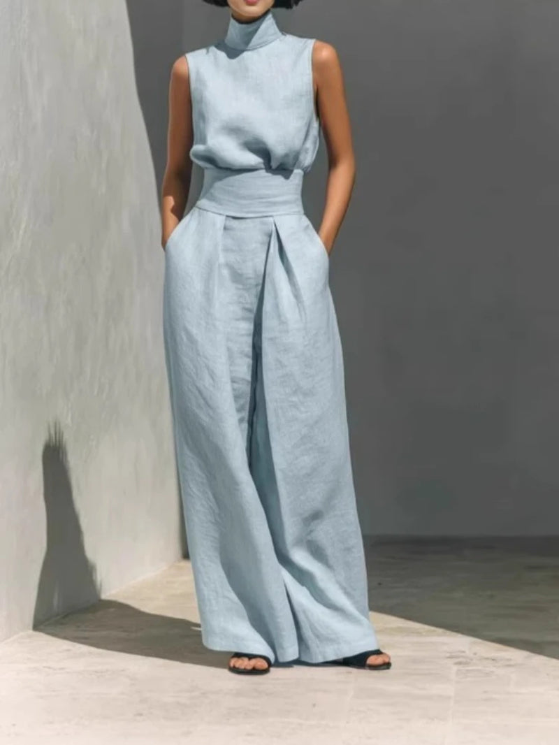 2026 Summer Fashion Elegant Pants Set Sleeveless Turtleneck Top+Wide Leg Pants High Street Casual Two Piece Set Women Outfit