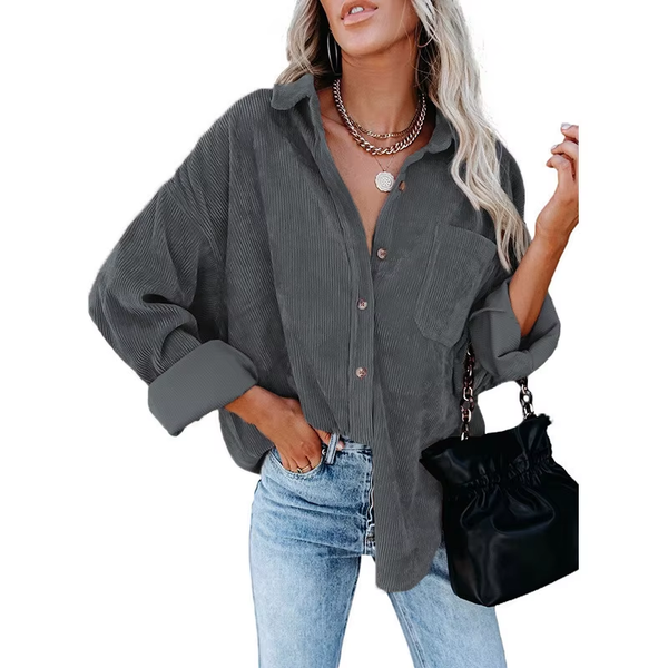 Women Blouses Turn-Down Collar 2022 Autumn/Winter Loose Women Leisure Corduroy Solid Color Pocket Harajuku Female New MDF9838