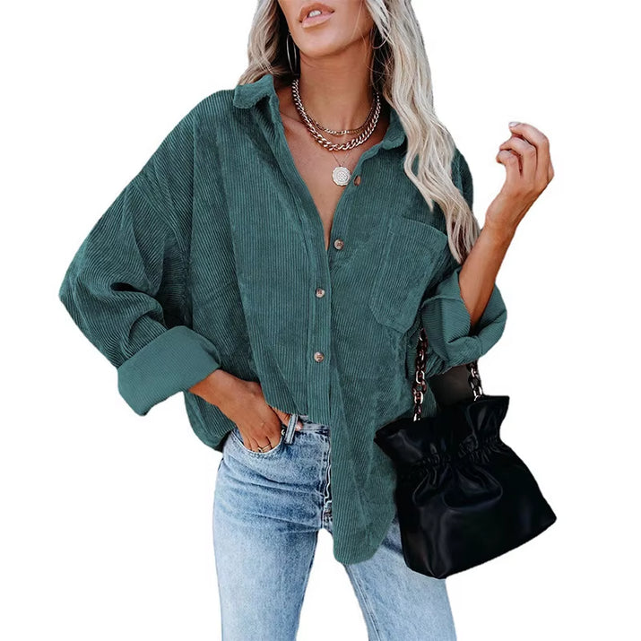 Women Blouses Turn-Down Collar 2022 Autumn/Winter Loose Women Leisure Corduroy Solid Color Pocket Harajuku Female New MDF9838