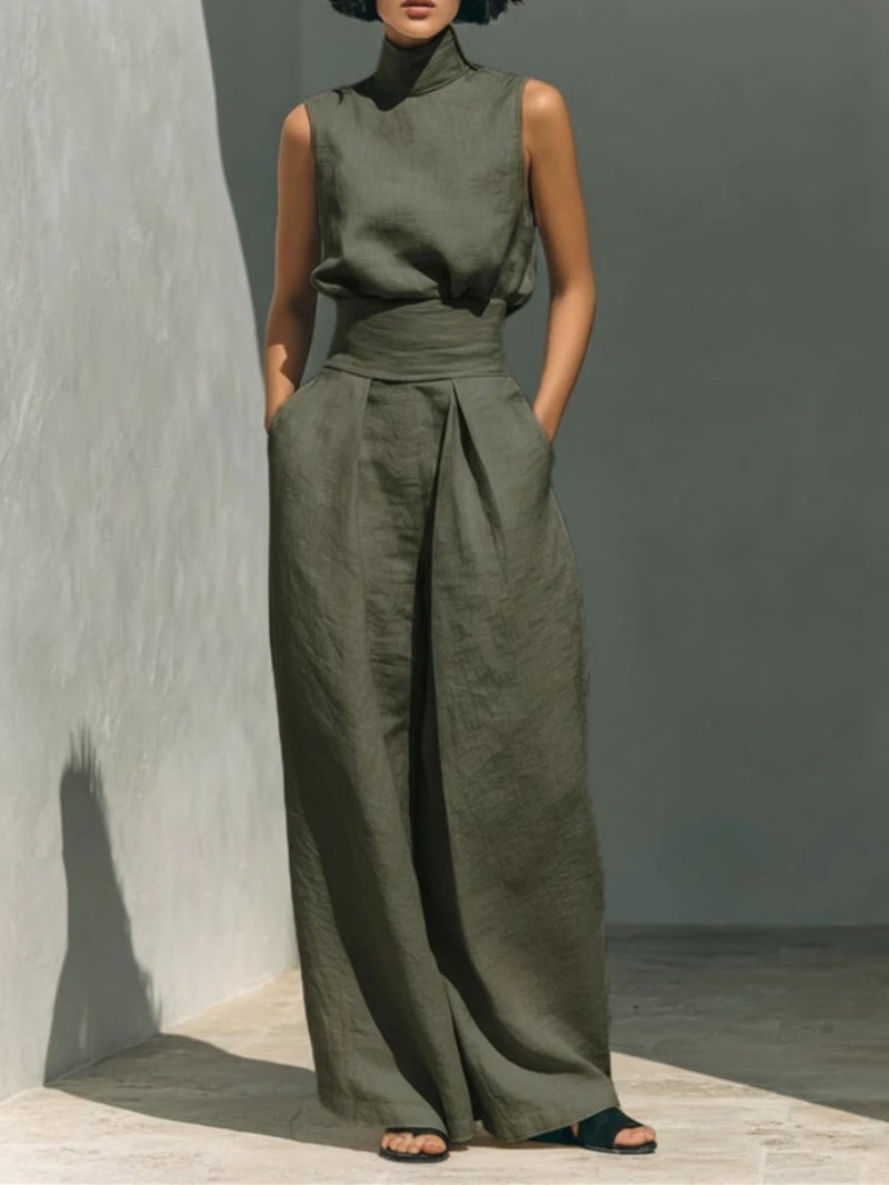 2026 Summer Fashion Elegant Pants Set Sleeveless Turtleneck Top+Wide Leg Pants High Street Casual Two Piece Set Women Outfit