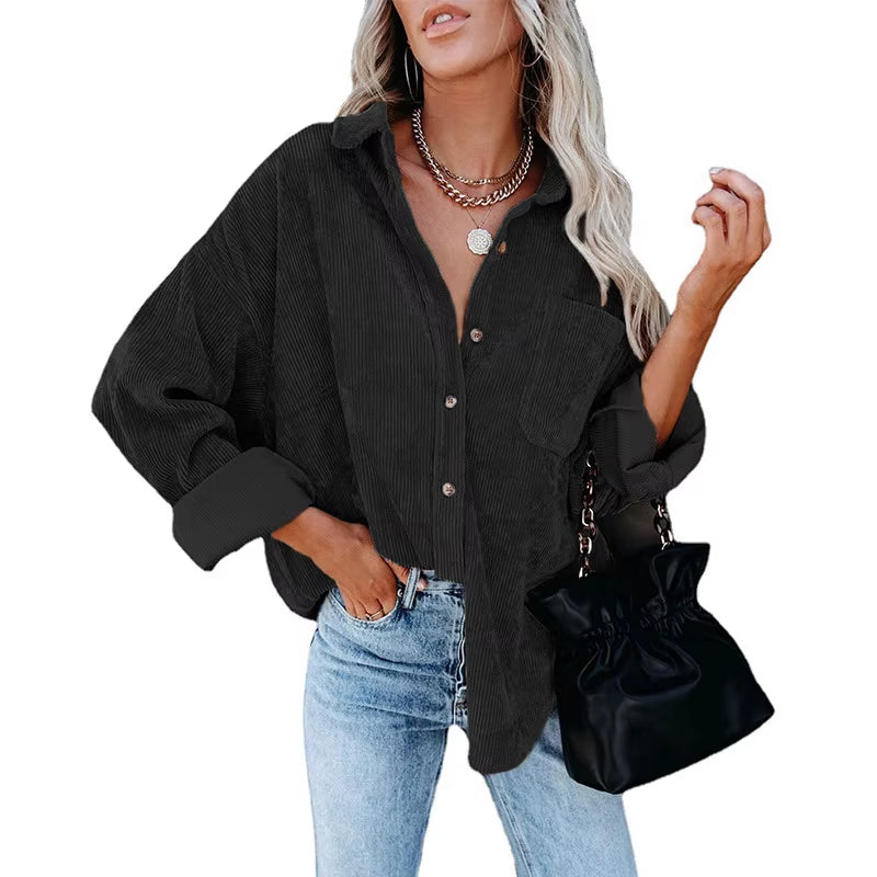 Women Blouses Turn-Down Collar 2022 Autumn/Winter Loose Women Leisure Corduroy Solid Color Pocket Harajuku Female New MDF9838