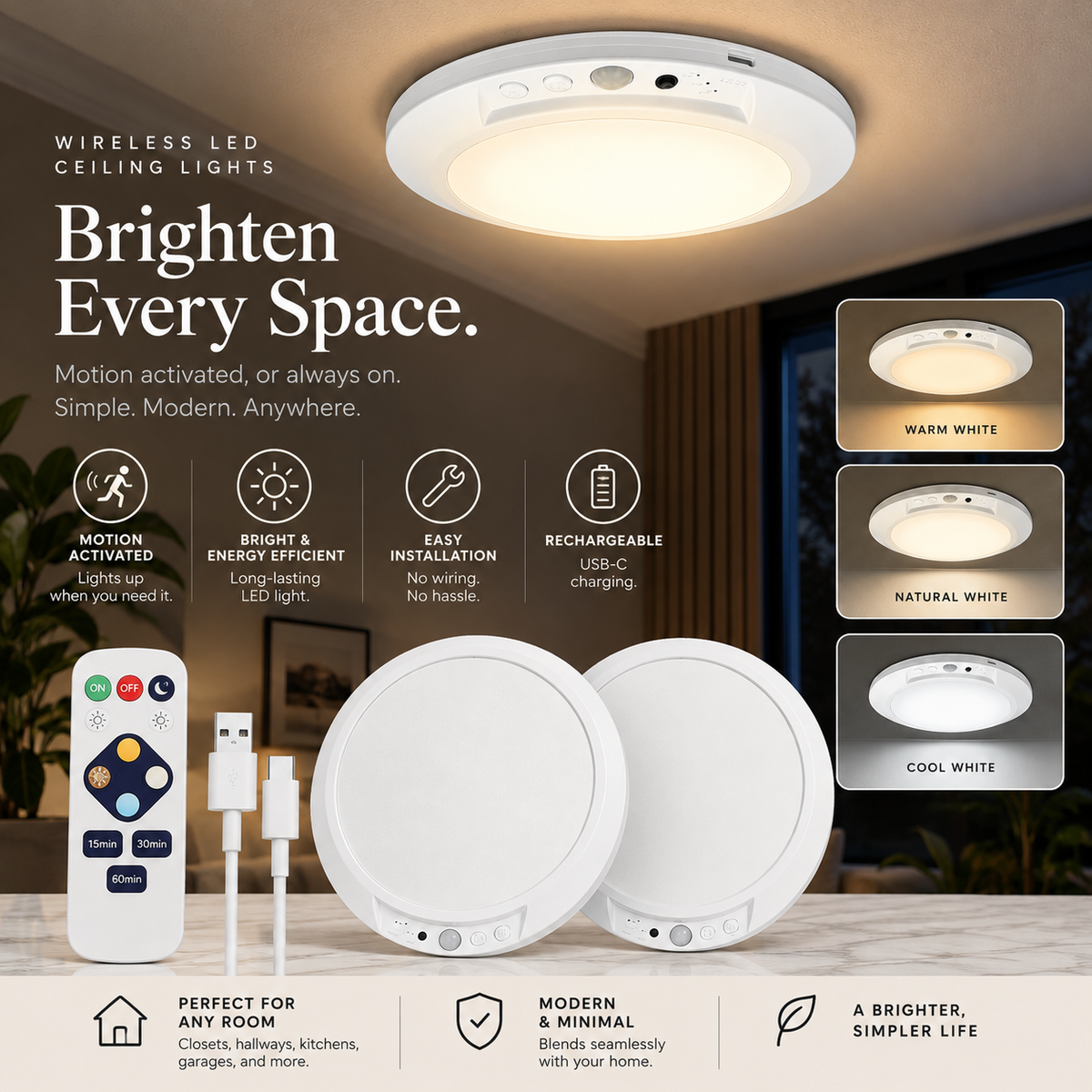 Wireless Rechargeable Motion Ceiling Light™