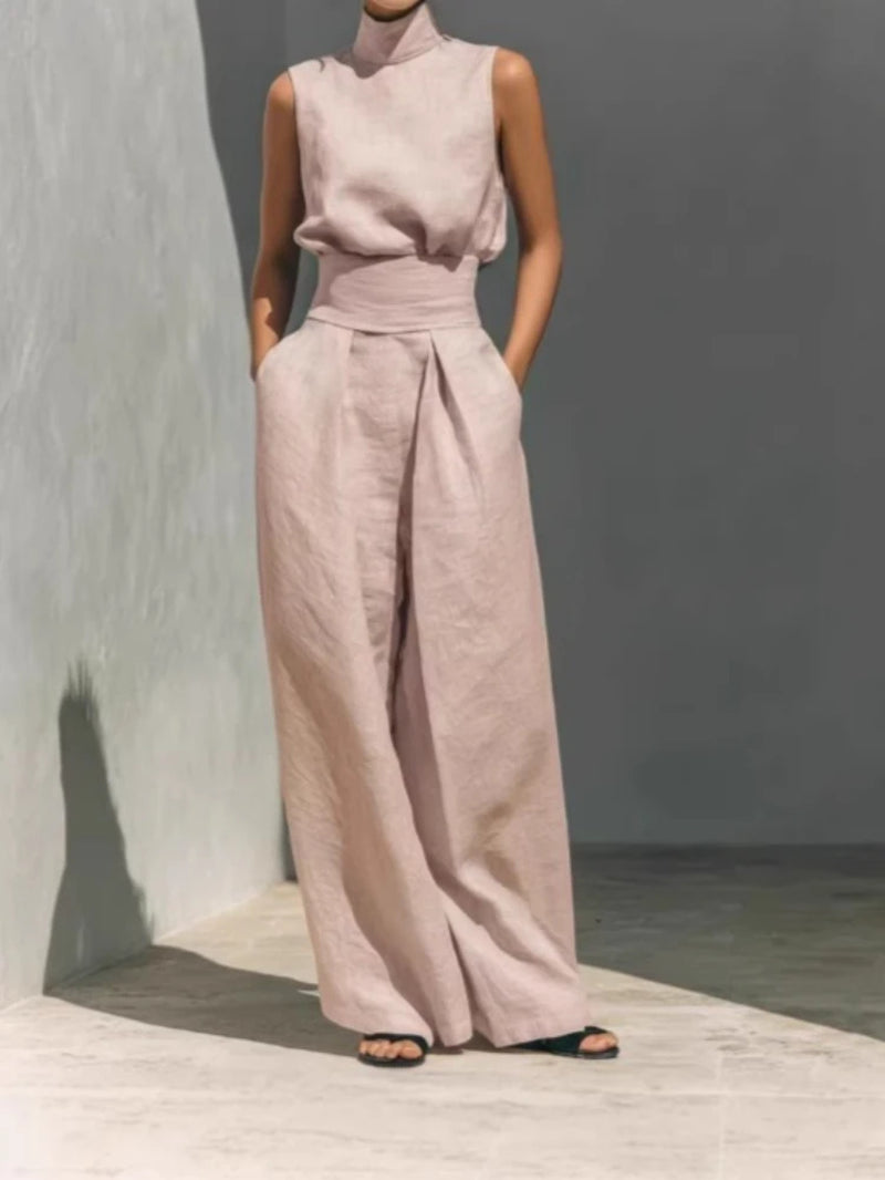 2026 Summer Fashion Elegant Pants Set Sleeveless Turtleneck Top+Wide Leg Pants High Street Casual Two Piece Set Women Outfit
