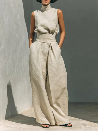 2026 Summer Fashion Elegant Pants Set Sleeveless Turtleneck Top+Wide Leg Pants High Street Casual Two Piece Set Women Outfit