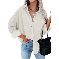 Women Blouses Turn-Down Collar 2022 Autumn/Winter Loose Women Leisure Corduroy Solid Color Pocket Harajuku Female New MDF9838